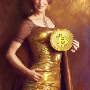 Attractive woman holding a golden bitcoin for Regal and iTrustCapital