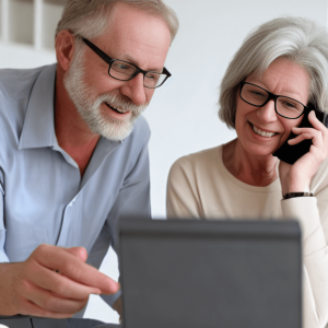 Middle aged couple reviewing Broad Financial company retirement investing services.