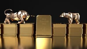 Gold Bear and Bull on stacks of gold bars in a 3D illustration with a dark background