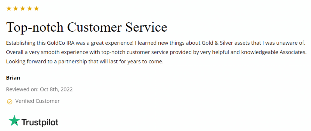 Image of another 5-star review from Goldco website