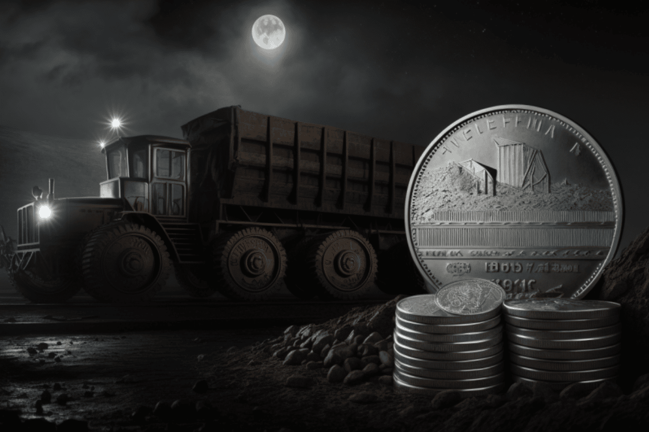 silver coins stacked in front of mining truck